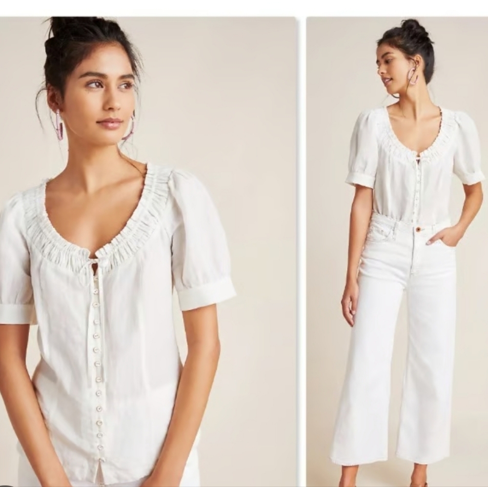 MAEVE ANTHROPOLOGIE Winifred Peasant Button Front White Linen Blend Top Size 4